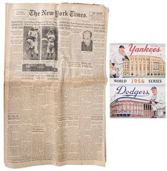 1956 World Series Program From Yankee Stadium - Scored For Larsens Perfect Game & A Full New York Times 10/9/56 Edition With Larsen Headline